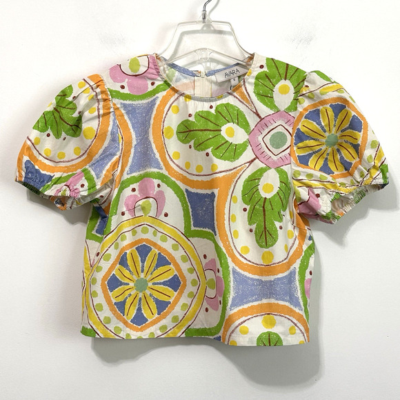 Avara Sidney Top S Zip Back Puff Short Sleeve Summer Trendy Crop Floral NEW - Picture 1 of 9